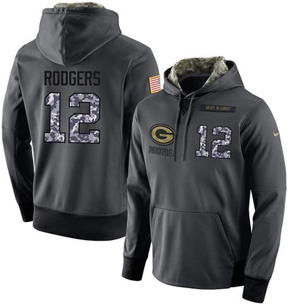 NFL Men's Green Bay Packers #12 Aaron Rodgers Stitched Black Anthracite Salute to Service Player Performance Hoodie 