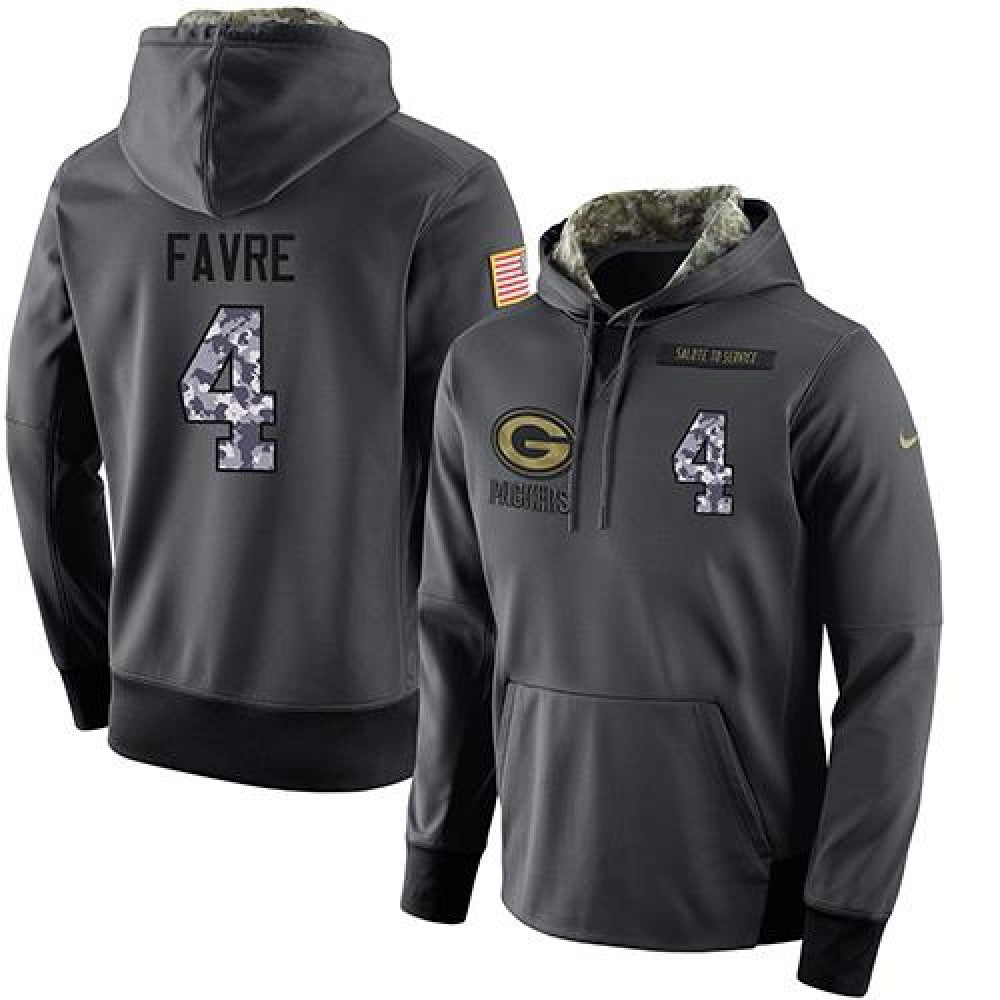 NFL Men's Green Bay Packers #4 Brett Favre Stitched Black Anthracite Salute to Service Player Performance Hoodie 