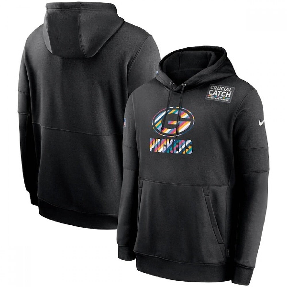Men's Green Bay Packers 2020 Black Crucial Catch Sideline Performance Pullover Hoodie 