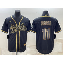 Men's Philadelphia Eagles #11 A. J. Brown Black Gold With Patch Cool Base Stitched Baseball Jersey 