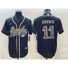 Men's Philadelphia Eagles #11 A. J. Brown Black Reflective With Patch Cool Base Stitched Baseball Jersey 
