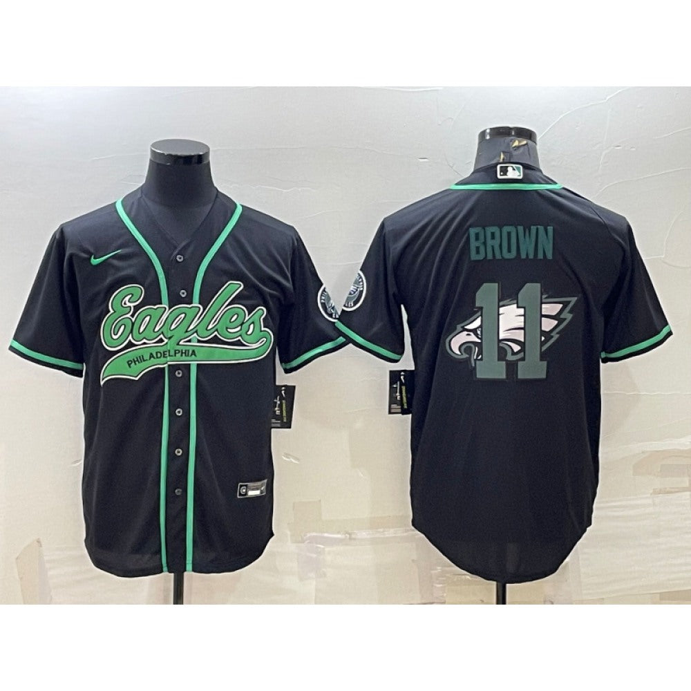 Men's Philadelphia Eagles #11 A. J. Brown Black Team Big Logo With Patch Cool Base Stitched Baseball Jersey 
