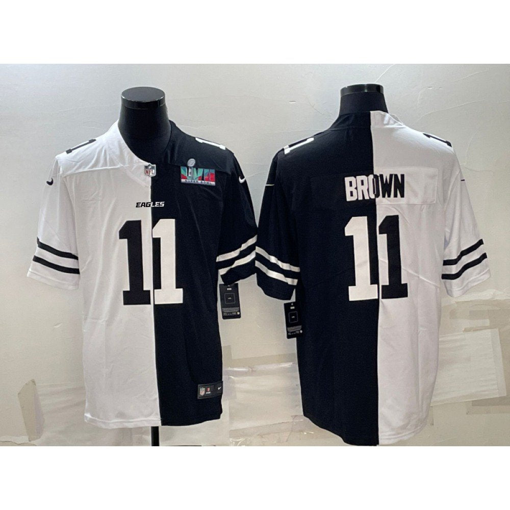 Men's Philadelphia Eagles #11 A.J. Brown Black & White Split Super Bowl LVII Patch Limited Stitched Jersey 