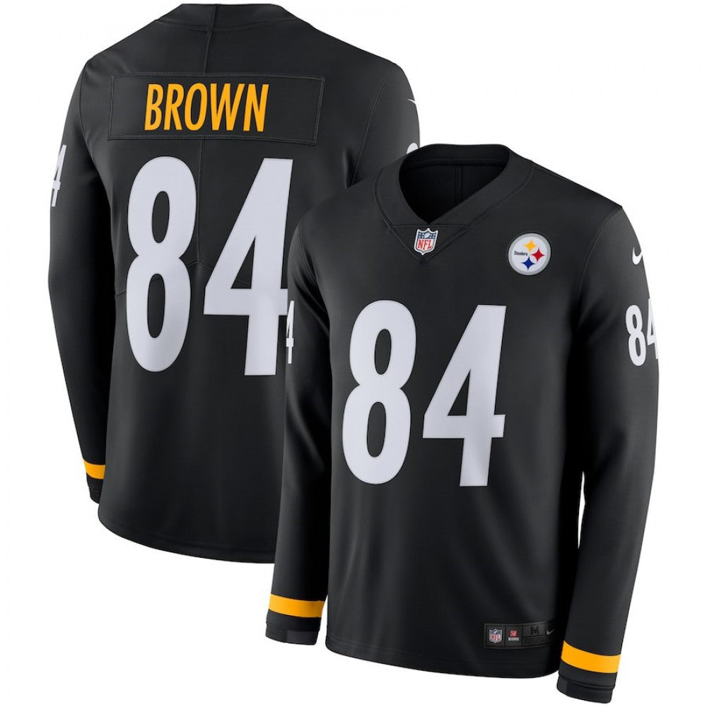 Men's Pittsburgh Steelers #84 Antonio Brown Black Therma Long Sleeve Stitched NFL Jersey 