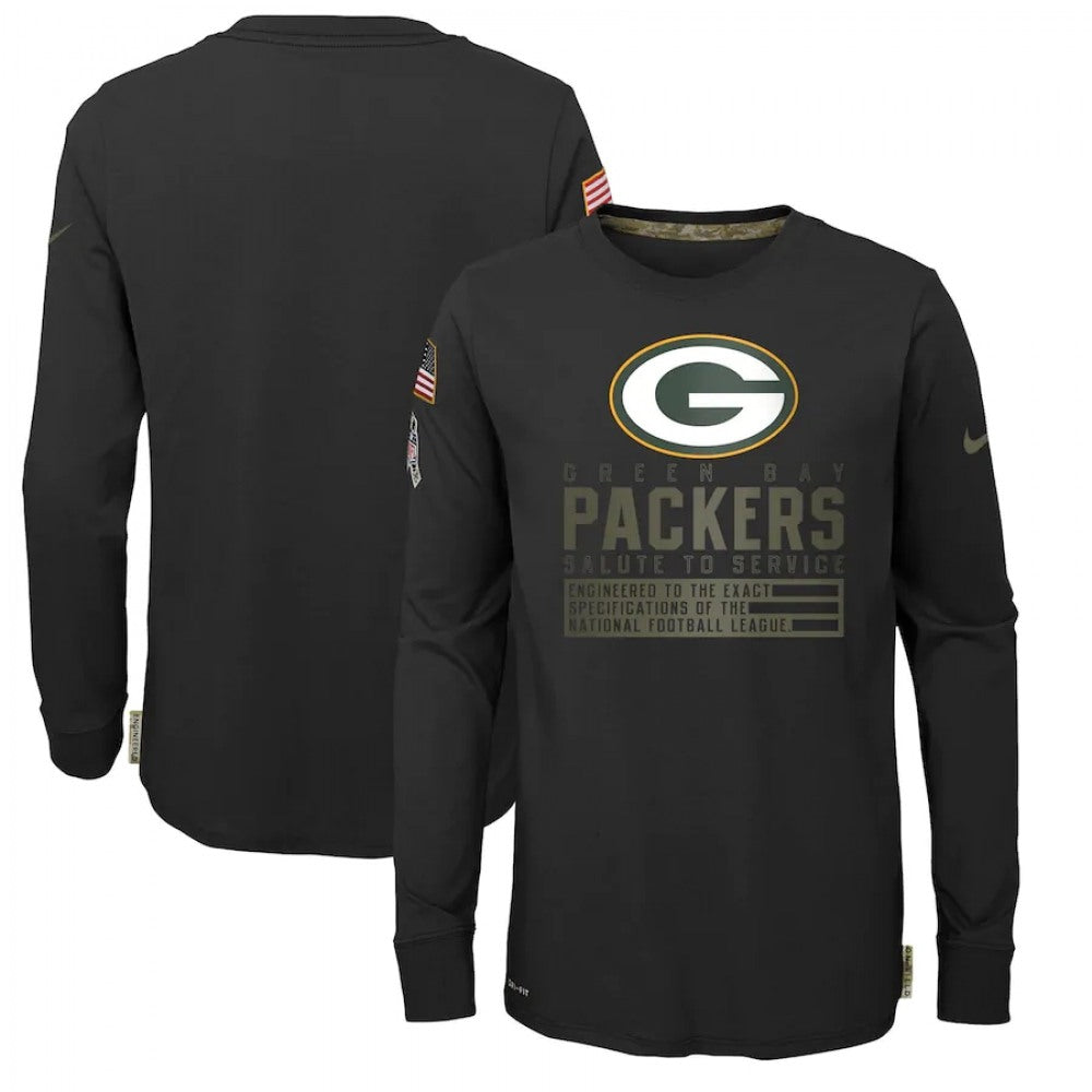 Youth Green Bay Packers 2020 Black Salute To Service Sideline Performance Long Sleeve T-Shirt 