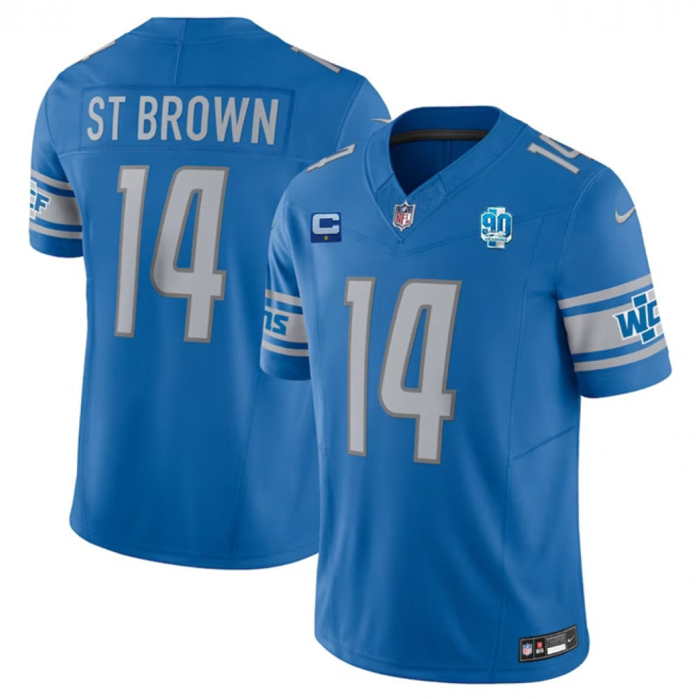 Men's Detroit Lions #14 Amon-Ra St. Brown Blue 2023 F.U.S.E. With 1-Star C Patch And 90th Anniversary Patch Vapor Untouchable Limited Stitched Jersey 