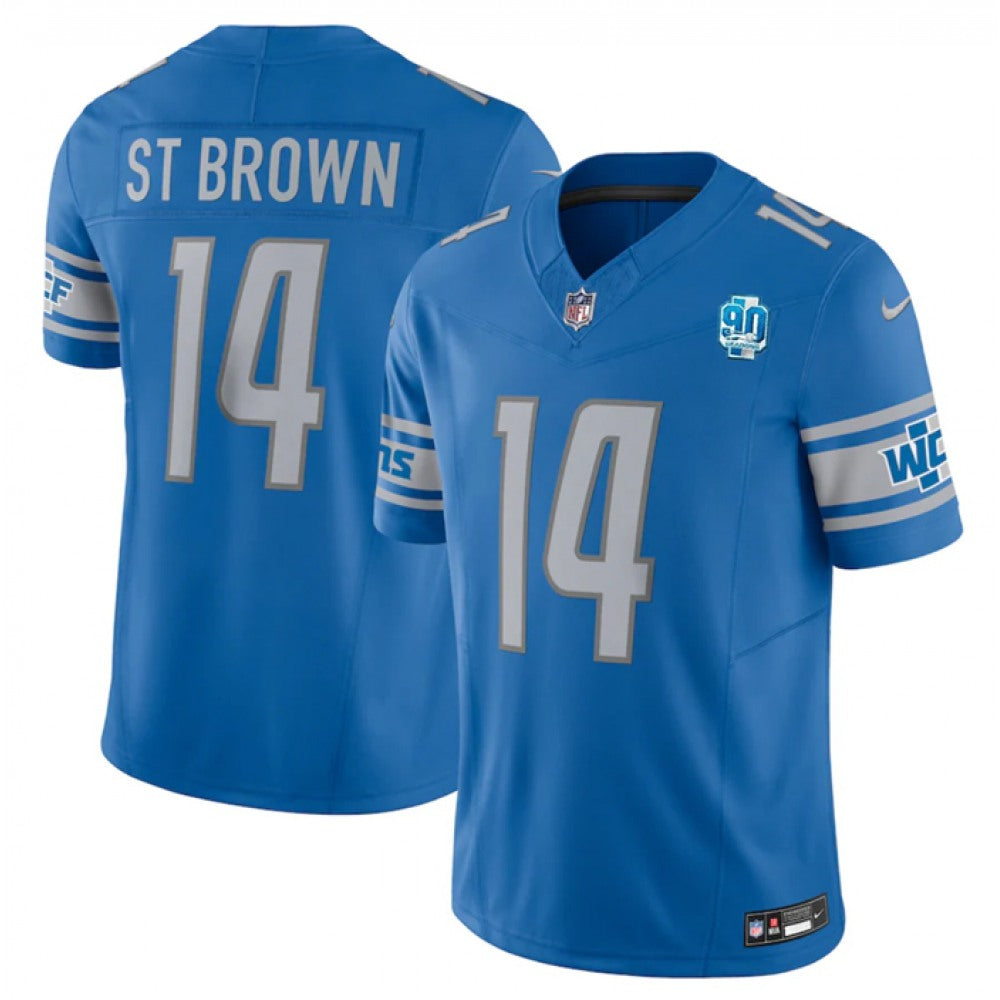 Men's Detroit Lions #14 Amon-Ra St. Brown Blue 2023 F.U.S.E. 90th Anniversary Vapor Untouchable Limited Stitched Jersey 