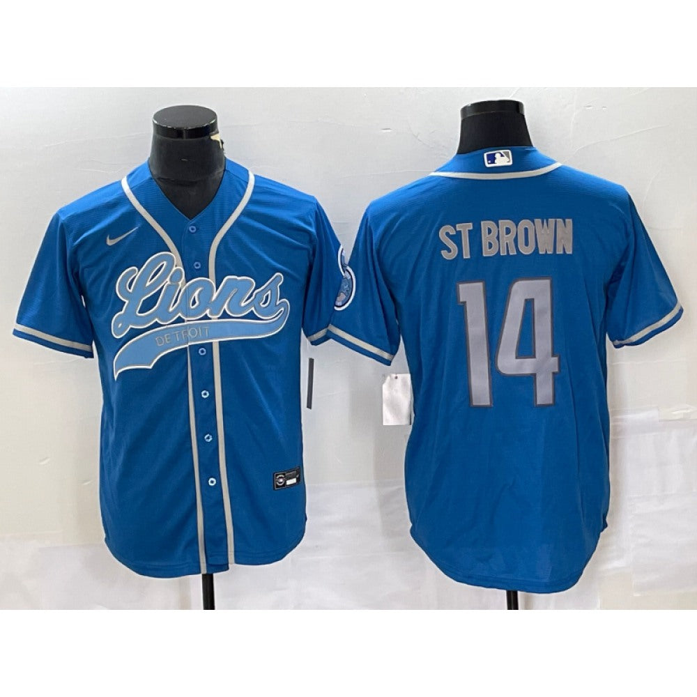 Men's Detroit Lions #14 Amon-Ra St. Brown Blue Cool Base Stitched Baseball Jersey 
