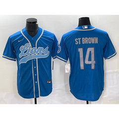 Men's Detroit Lions #14 Amon-Ra St. Brown Blue Cool Base Stitched Baseball Jersey 