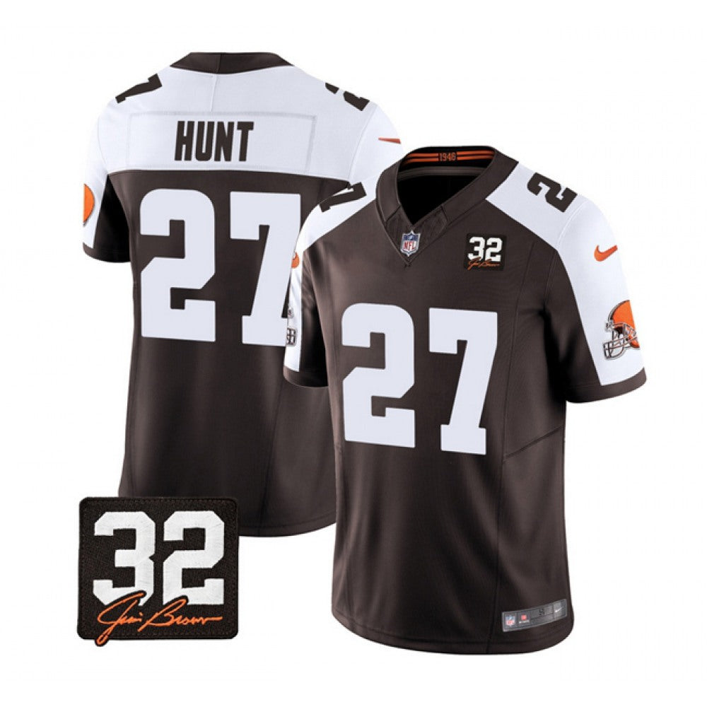 Men's Cleveland Browns #27 Kareem Hunt Brown/White 2023 F.U.S.E. With Jim Brown Memorial Patch Vapor Untouchable Limited Stitched Jersey 