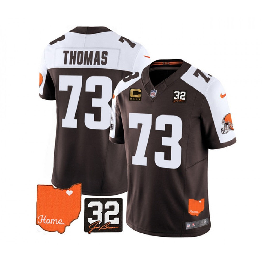 Men's Cleveland Browns #73 Joe Thomas Brown/White 2023 F.U.S.E. With Jim Brown Memorial Patch And 4-Star C Patch Vapor Untouchable Limited Stitched Jersey 