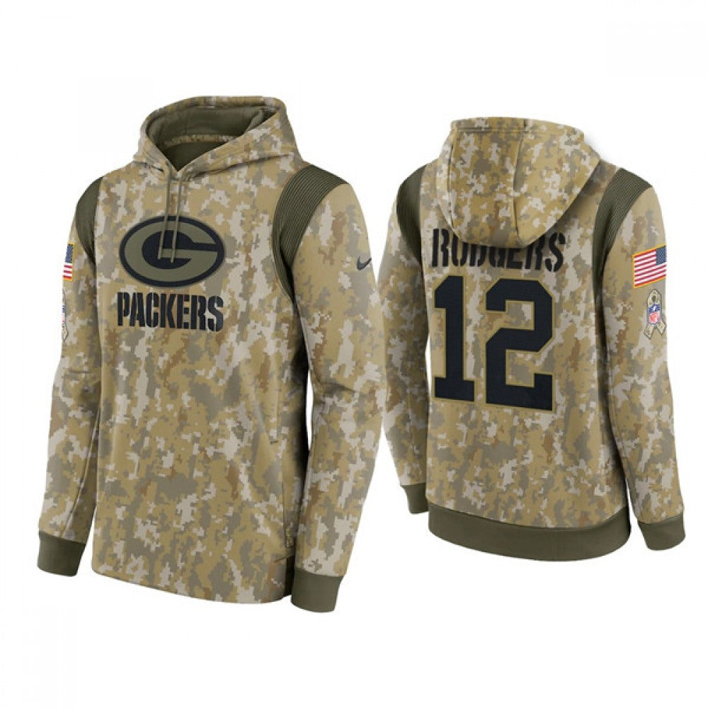 Men's Green Bay Packers #12 Aaron Rodgers Camo 2021 Salute To Service Therma Performance Pullover Hoodie 