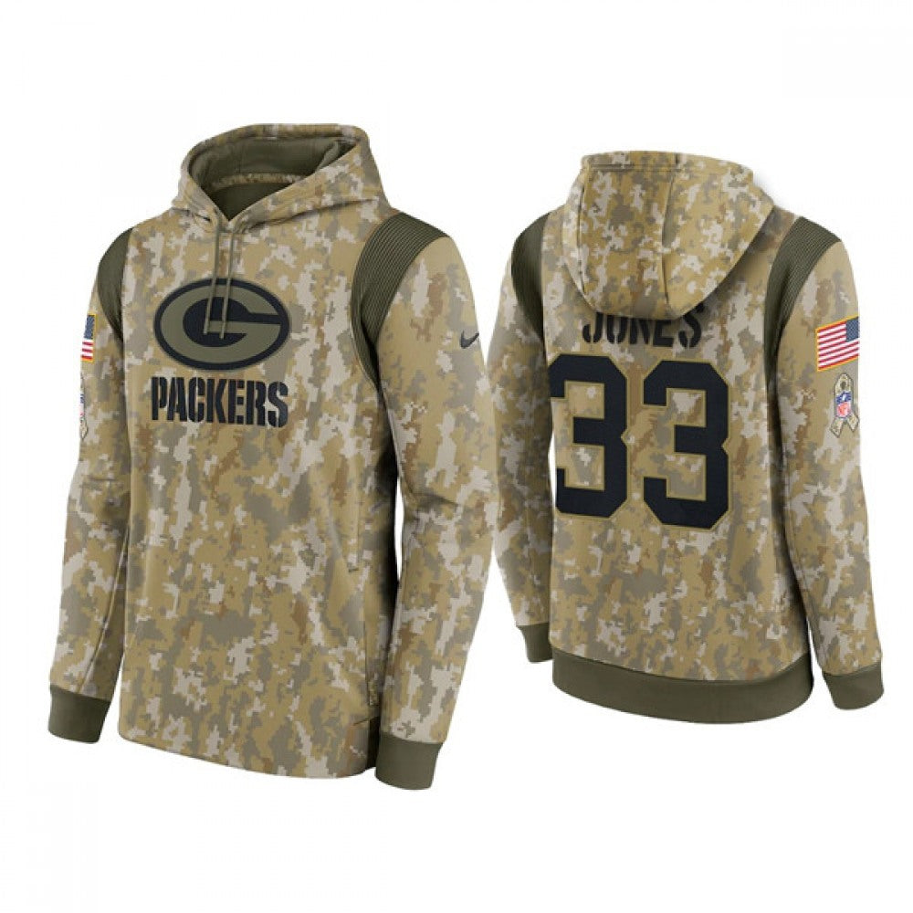 Men's Green Bay Packers #33 Aaron Jones Camo 2021 Salute To Service Therma Performance Pullover Hoodie 