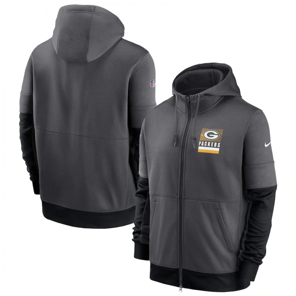 Men's Green Bay Packers Charcoal Sideline Impact Lockup Performance Full-Zip Hoodie 