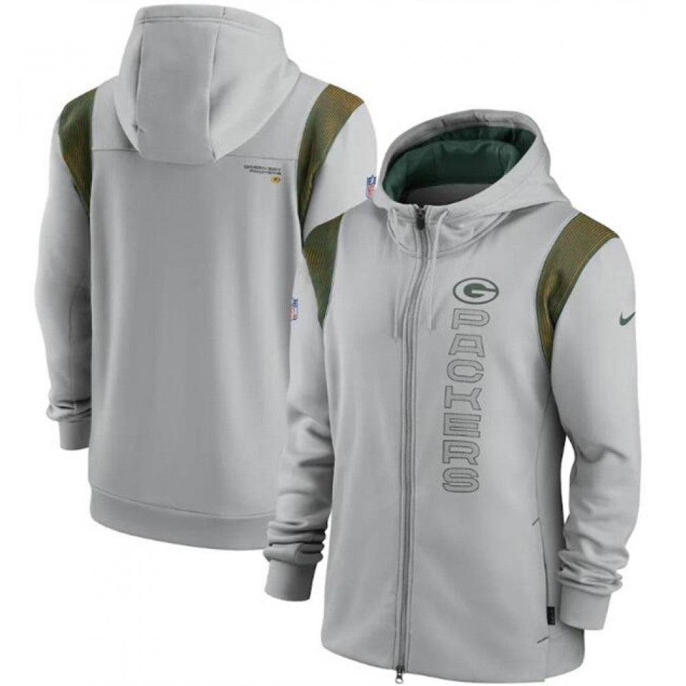 Men's Green Bay Packers 2021 Gray Sideline Team Performance Full-Zip Hoodie 