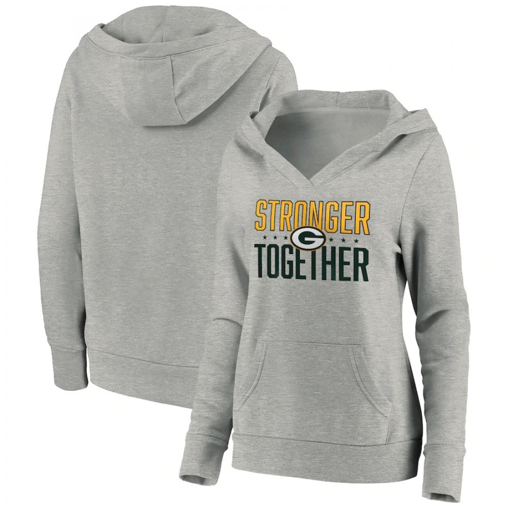 Women's Green Bay Packers Heather Gray Stronger Together Crossover Neck Pullover Hoodie(Run Small) 