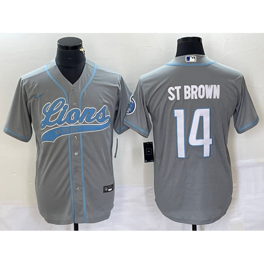 Men's Detroit Lions #14 Amon-Ra St. Brown Gray Cool Base Stitched Baseball Jersey 