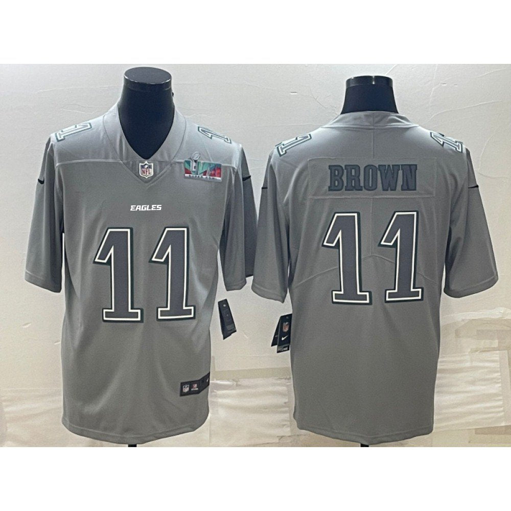 Men's Philadelphia Eagles #11 A.J. Brown Gray Super Bowl LVII Patch Atmosphere Fashion Stitched Jersey 
