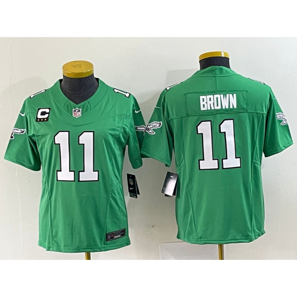 Women's Philadelphia Eagles #11 A. J. Brown Green 2023 F.U.S.E. With C Patch Stitched Football Jersey(Run Small) 