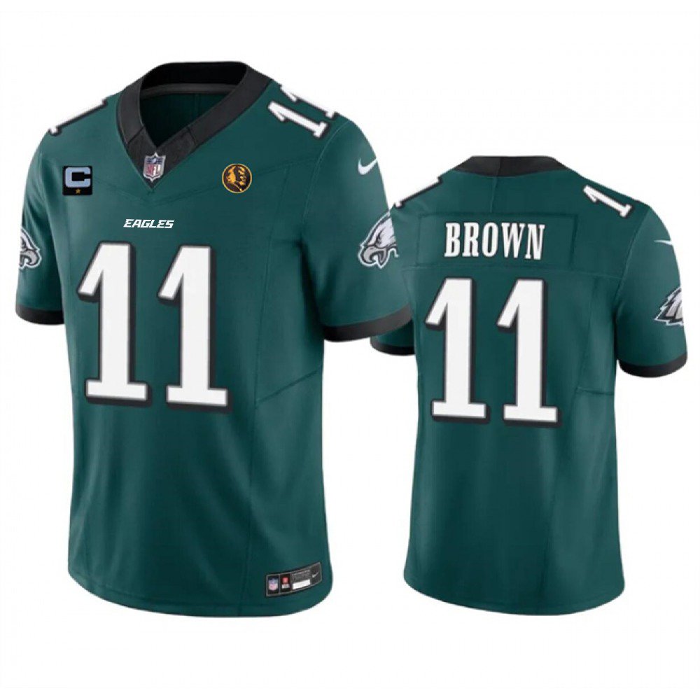 Men's Philadelphia Eagles #11 A. J. Brown Green 2023 F.U.S.E. With 1-star C Patch And John Madden Patch Vapor Limited Stitched Football Jersey 