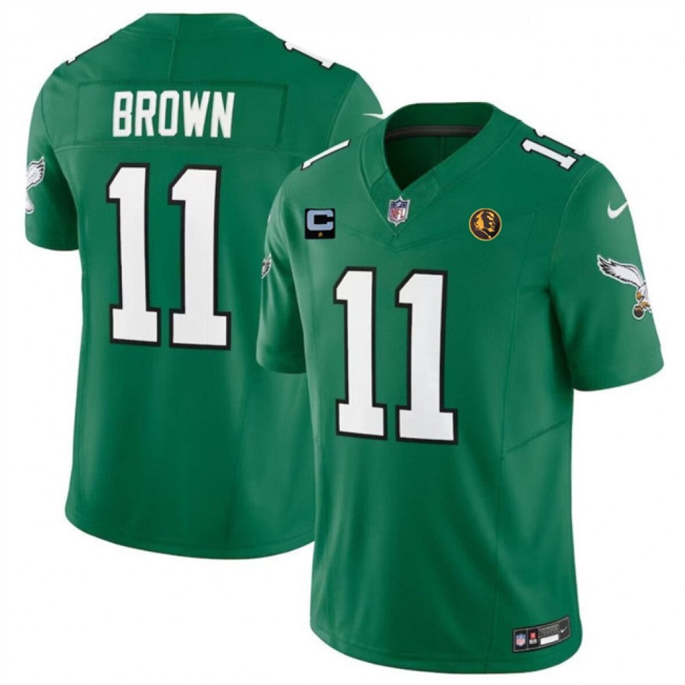 Men's Philadelphia Eagles #11 A. J. Brown Green 2023 F.U.S.E. Throwback With 1-star C Patch And John Madden Patch Vapor Limited Stitched Football Jersey 