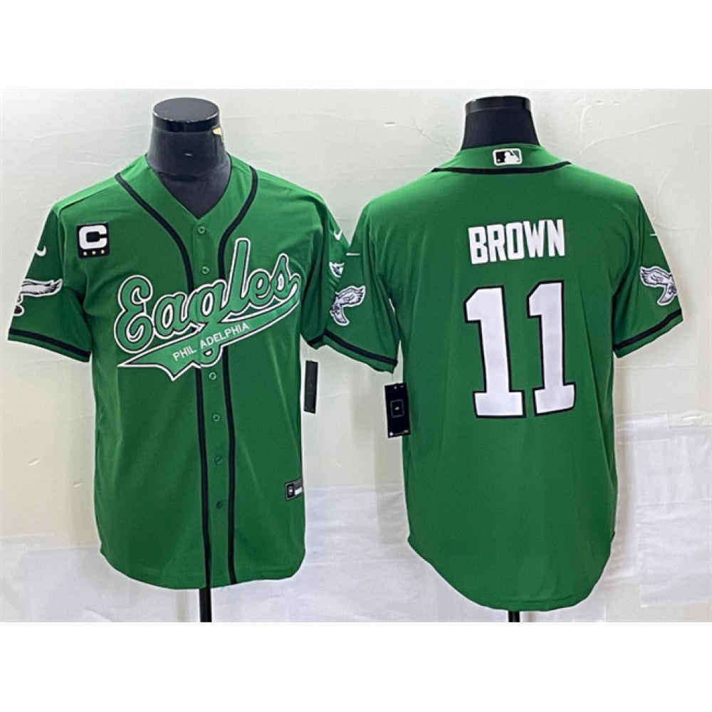 Men's Philadelphia Eagles #11 A. J. Brown Green With 3-star C Patch Cool Base Stitched Baseball Jersey 