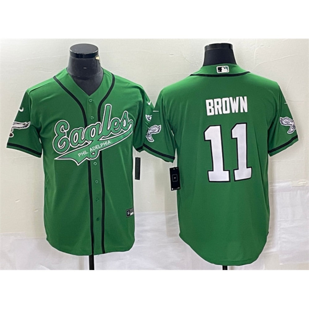 Men's Philadelphia Eagles #11 A. J. Brown Green Cool Base Stitched Baseball Jersey 