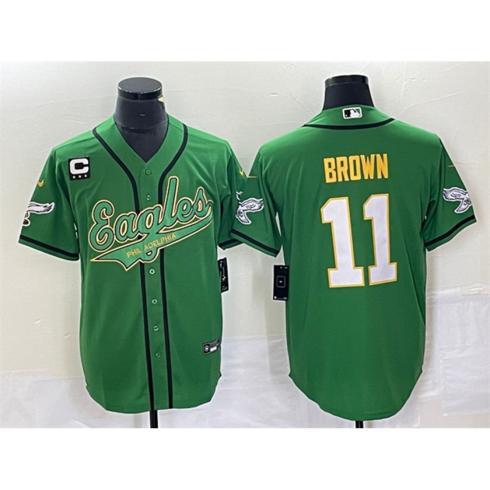 Men's Philadelphia Eagles #11 A. J. Brown Green Gold With 3-star C Patch Cool Base Stitched Baseball Jersey 