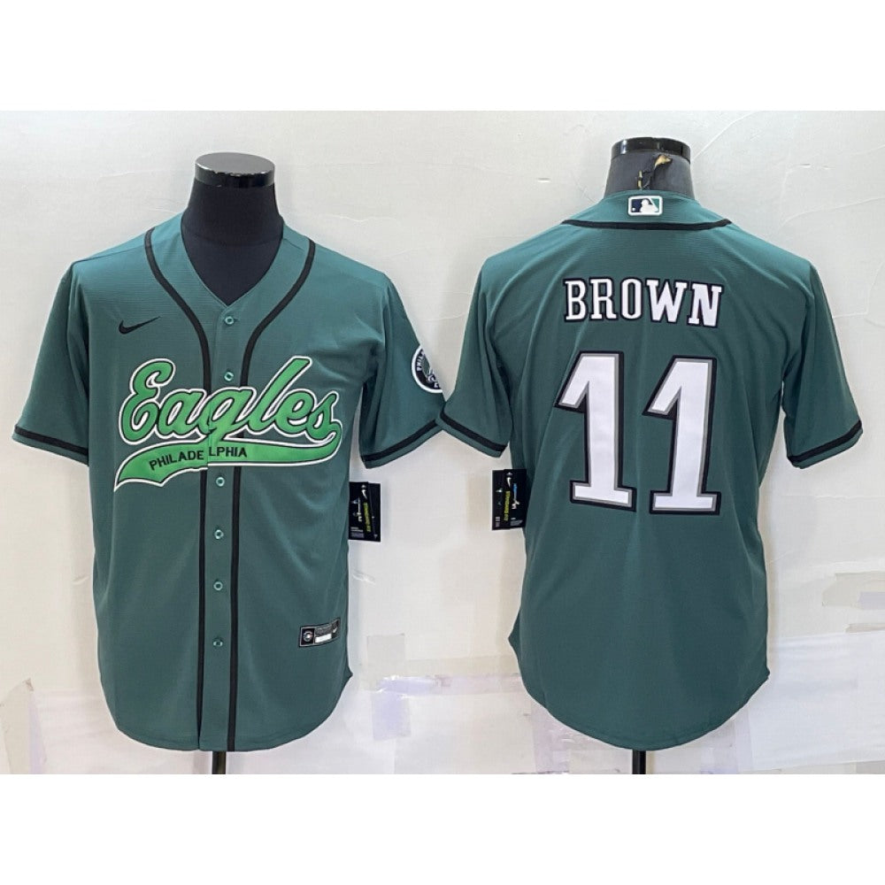 Men's Philadelphia Eagles #11 A. J. Brown Green With Patch Cool Base Stitched Baseball Jersey 