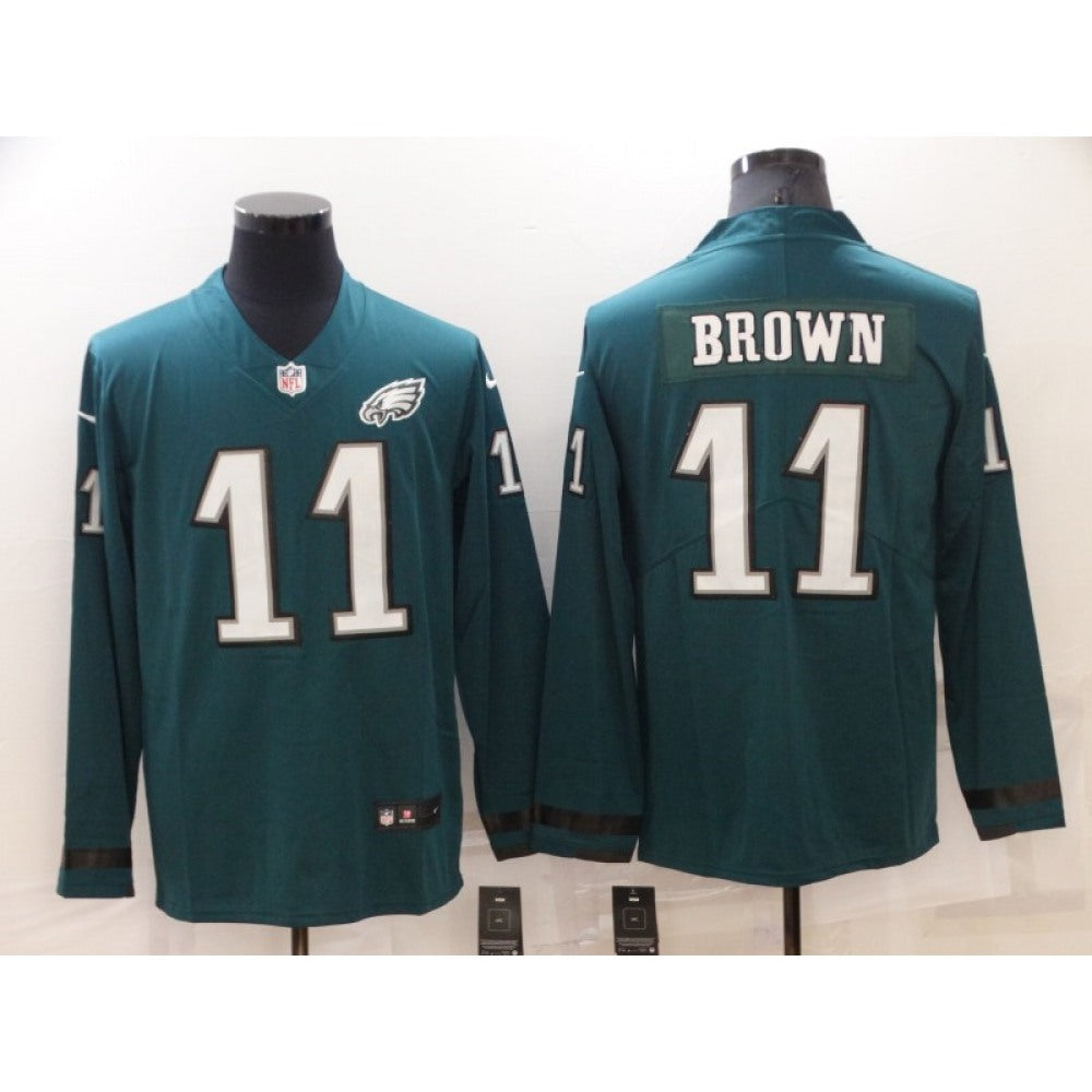 Men's Philadelphia Eagles #11 A. J. Brown Green Therma Long Sleeve Stitched Jersey 