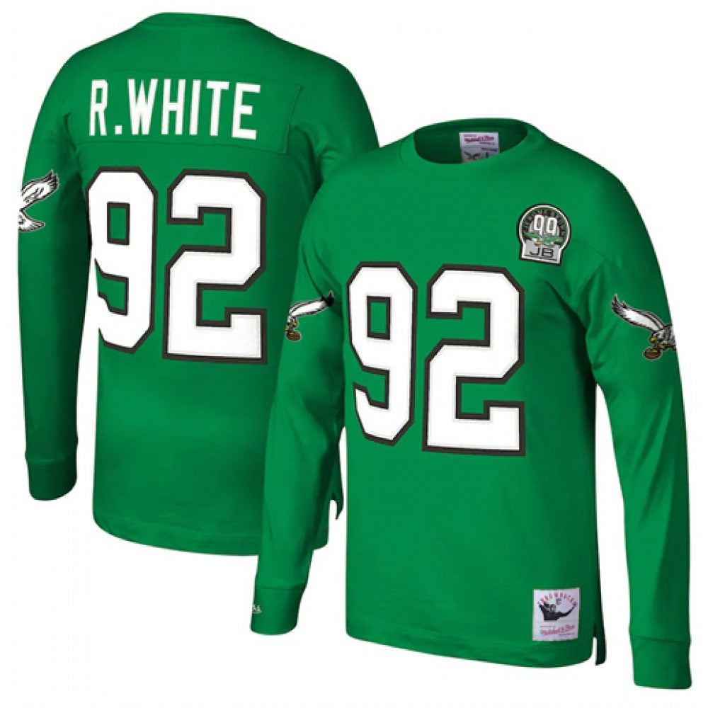 Men's Philadelphia Eagles #92 Reggie White Kelly Green Mitchell & Ness Throwback Stitched Long Sleeve Jersey 
