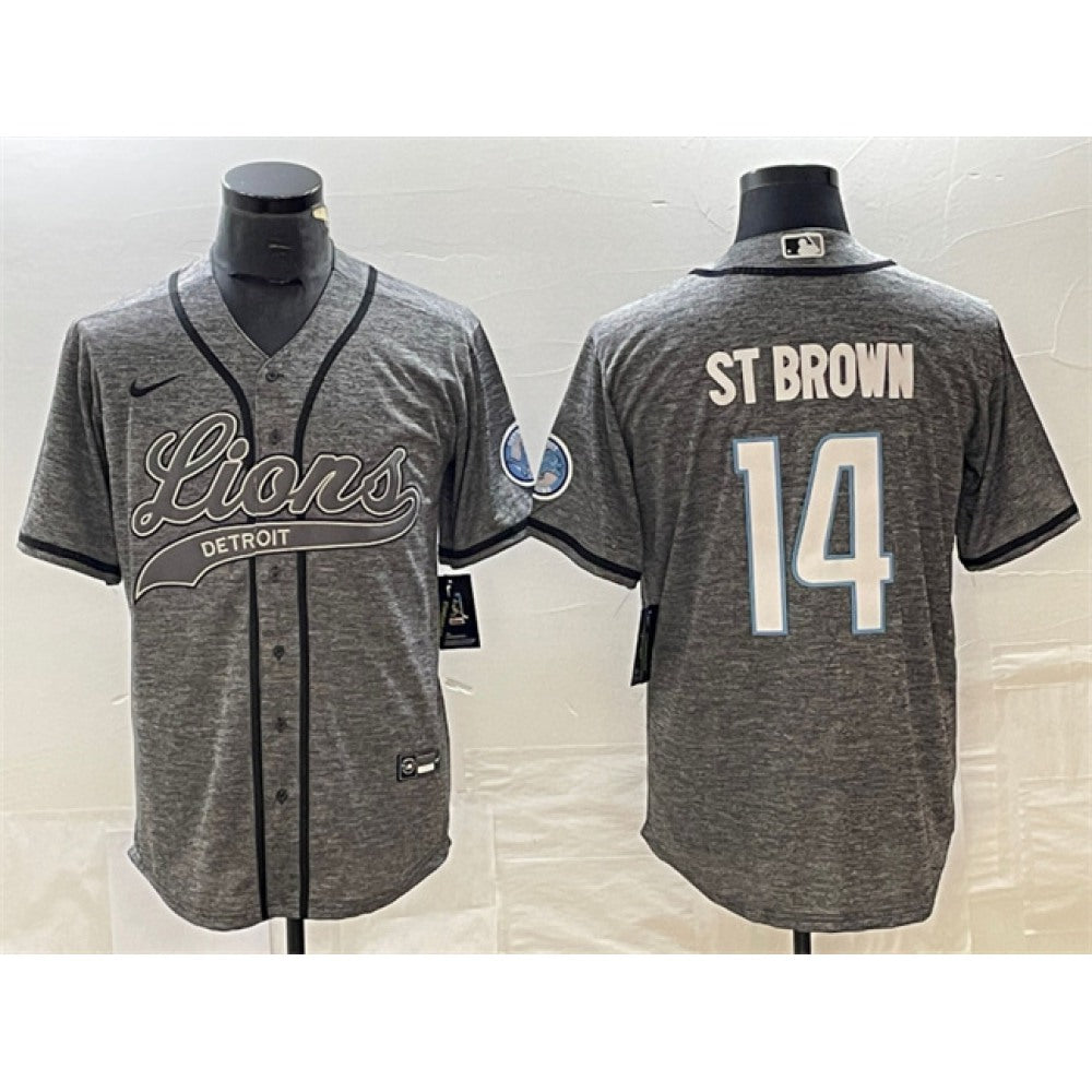 Men's Detroit Lions #14 Amon-Ra St. Brown Grey Cool Base Stitched Baseball Jersey 