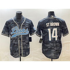 Men's Detroit Lions #14 Amon-Ra St. Brown Grey Camo Cool Base Stitched Baseball Jersey 