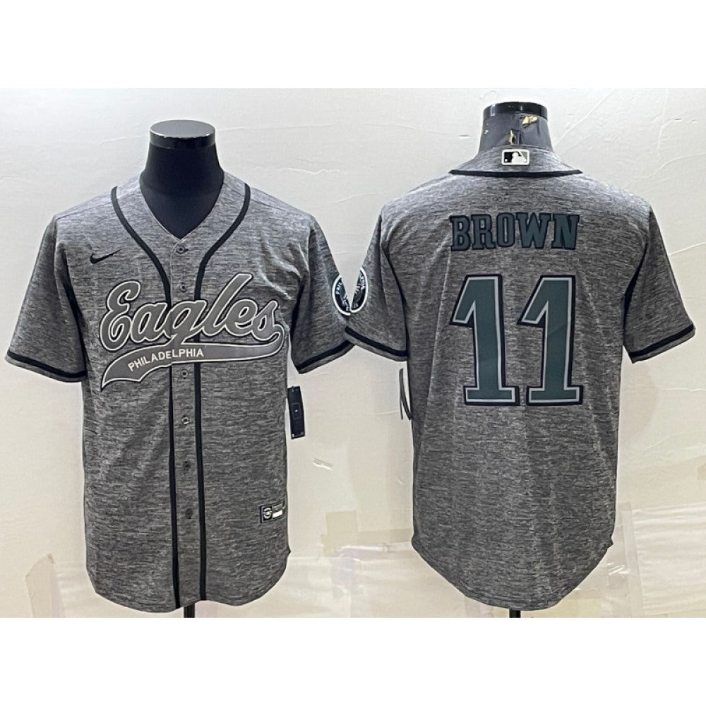 Men's Philadelphia Eagles #11 A. J. Brown Grey With Patch Cool Base Stitched Baseball Jersey 
