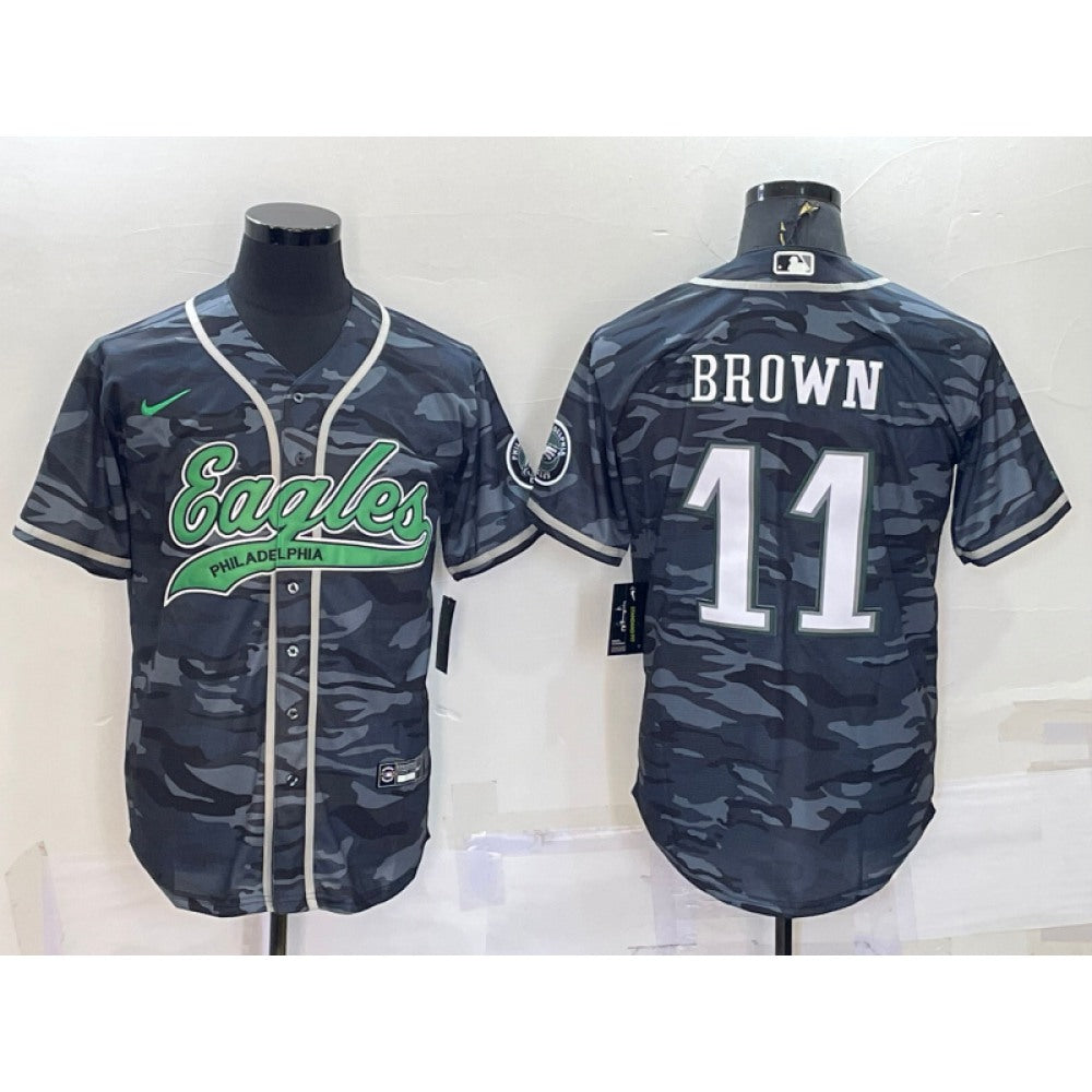 Men's Philadelphia Eagles #11 A. J. Brown Grey Camo With Patch Cool Base Stitched Baseball Jersey 