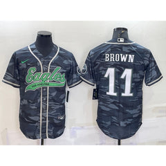 Men's Philadelphia Eagles #11 A. J. Brown Grey Camo With Patch Cool Base Stitched Baseball Jersey 