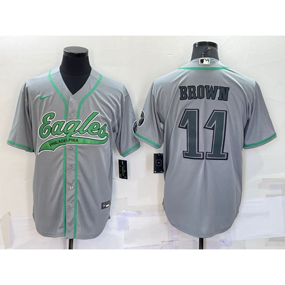 Men's Philadelphia Eagles #11 A. J. Brown Grey With Patch Cool Base Stitched Baseball Jersey 