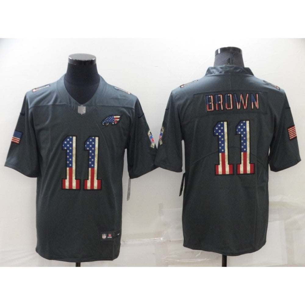 Men's Philadelphia Eagles #11 A. J. Brown Grey Salute To Service USA Flag Stitched Jersey 