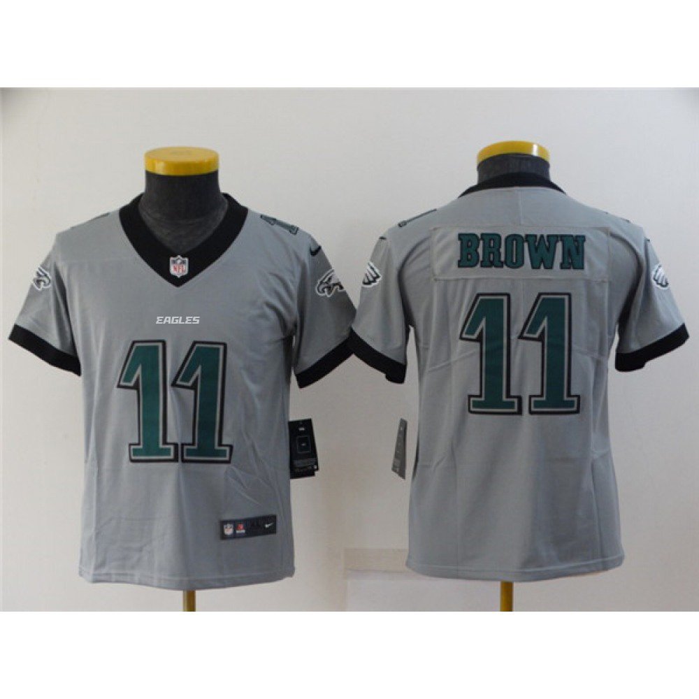 Youth Philadelphia Eagles #11 A. J. Brown Grey Inverted Legend Stitched Football Jersey 
