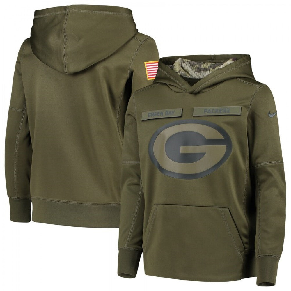 Youth Green Bay Packers Olive Salute to Service Therma Pullover Hoodie 