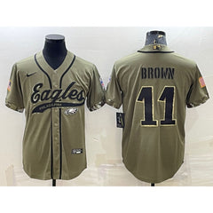 Men's Philadelphia Eagles #11 A. J. Brown Olive 2022 Salute To Service Cool Base Stitched Baseball Jersey 
