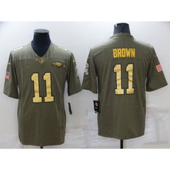 Men's Philadelphia Eagles #11 A. J. Brown Olive/Gold Salute To Service Limited Stitched Jersey 