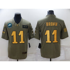 Men's Philadelphia Eagles #11 A. J. Brown Olive/Gold Salute To Service Limited Stitched Jersey 