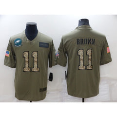 Men's Philadelphia Eagles #11 A. J. Brown Olive/Camo Salute To Service Limited Stitched Jersey 