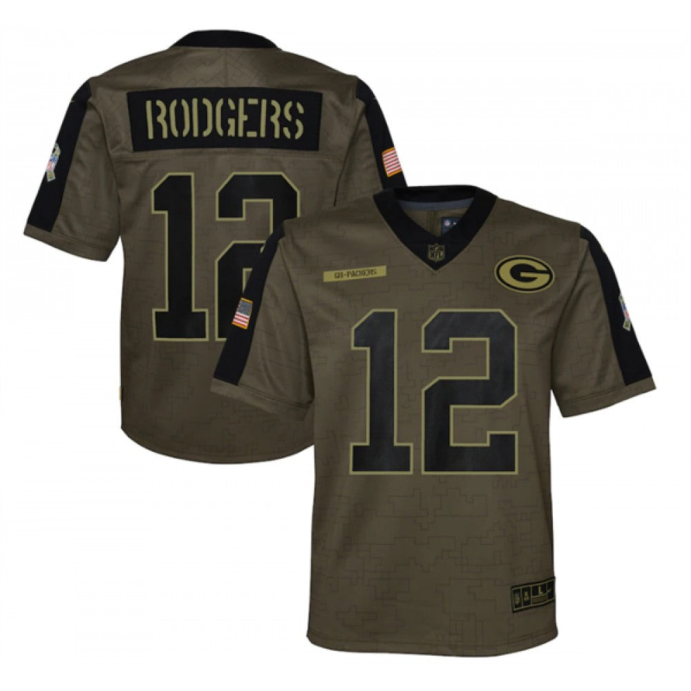 Youth Green Bay Packers #12 Aaron Rodgers 2021 Olive Salute To Service Limited Stitched Jersey 