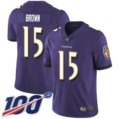 Men's Baltimore Ravens #15 Marquise Brown Purple 2019 100th Season Vapor Untouchable Limited NFL Jersey 