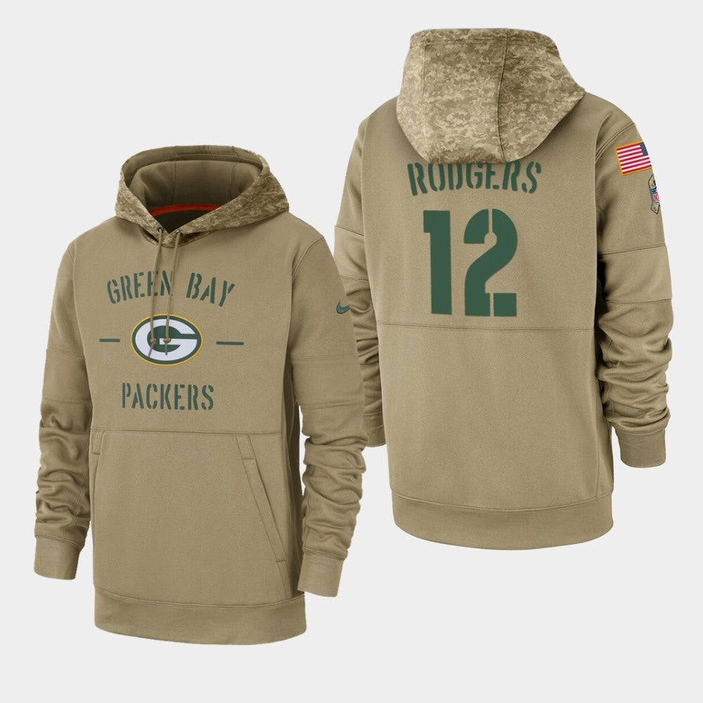 Men's Green Bay Packers #12 Aaron Rodgers Tan 2019 Salute to Service Sideline Therma Pullover Hoodie 
