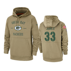 Men's Green Bay Packers #33 Aaron Jones Tan 2019 Salute to Service Sideline Therma Pullover Hoodie 