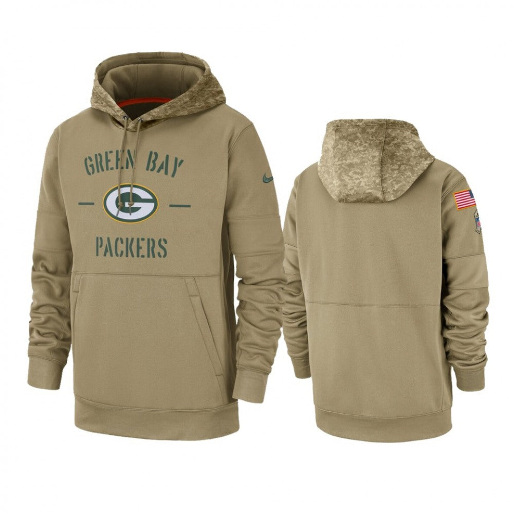 Men's Green Bay Packers Tan 2019 Salute to Service Sideline Therma Pullover Hoodie 