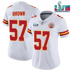Women's Kansas City Chiefs #57 Orlando Brown White Super Bowl LVII Patch Vapor Stitched Jersey(Run Small) 
